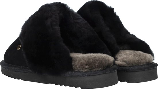 Zwarte pantoffels met bontrand en dikke zool