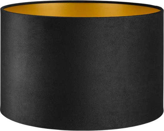 Abat-jour cylindrique en velours noir avec un intérieur doré brillant.