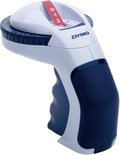 Dymo Omega labelmaker met wit en donkerblauw handvat, met een draaischijf om letters en cijfers te selecteren.