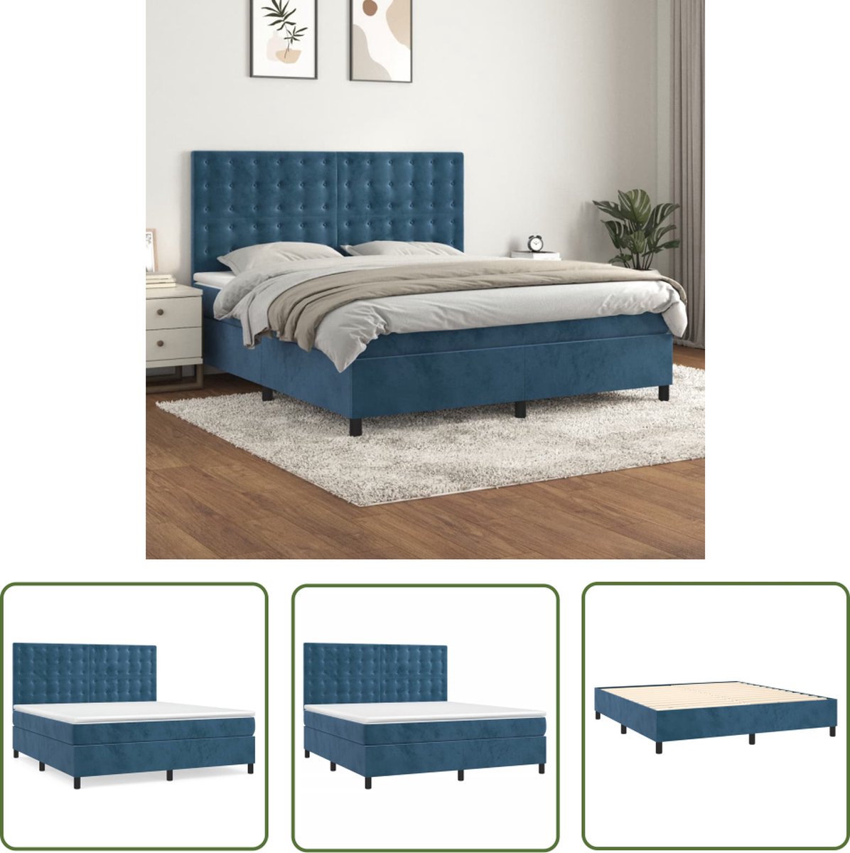 The Living Store Boxspring Bed - Donkerblauw - 203 x 160 x 118/128 cm - Zacht fluweel