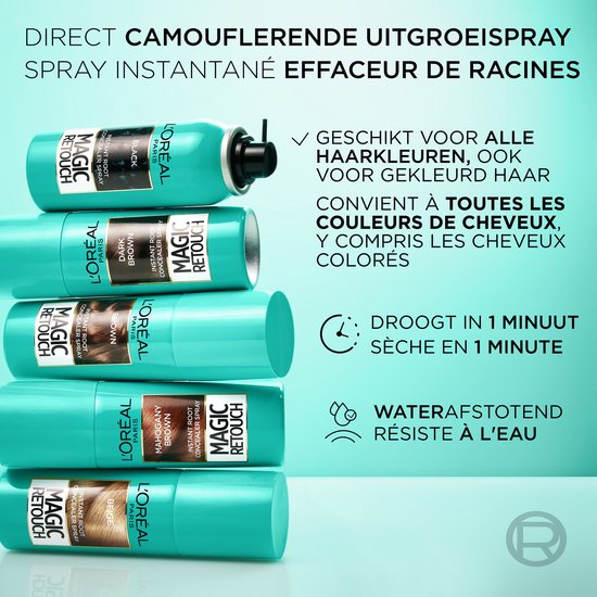 L'Oréal Paris Magic Retouch sprays in diverse kleuren, geschikt voor alle haarkleuren. Droogt in 1 minuut, is waterbestendig.