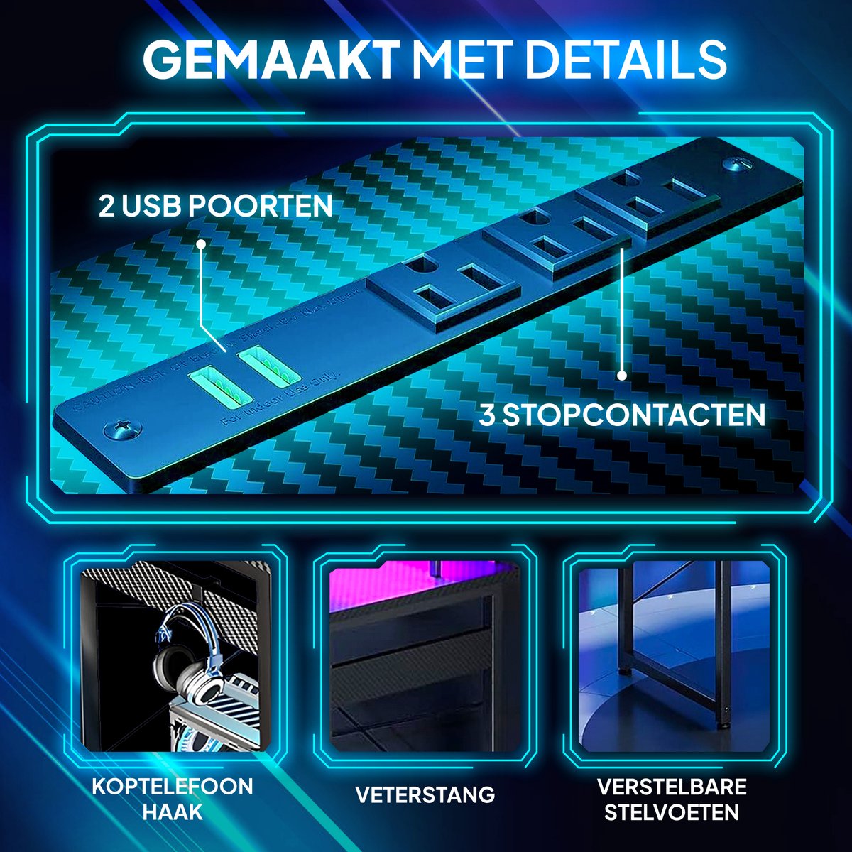 Lugia Hoekbureau - Gaming Bureau - L-Vormig 130cm x 78cm x 48cm - Bureau - Led Verlichtingen - Krasbestendig - Monitor Stand - Stopcontact - Gaming Desk - Game Bureau