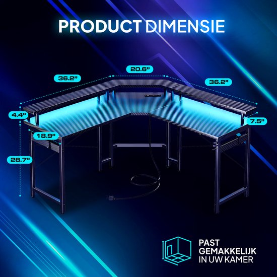 Bestier Gaming bureautafel met LED-verlichting, hoekbureau met 2 USB- oplaadpoorten en 3 stopcontacten, gaming-tafel in L-vorm met rek & monitorstandaard, grote tafel voor kantoor, slaapkamer, 147 cm