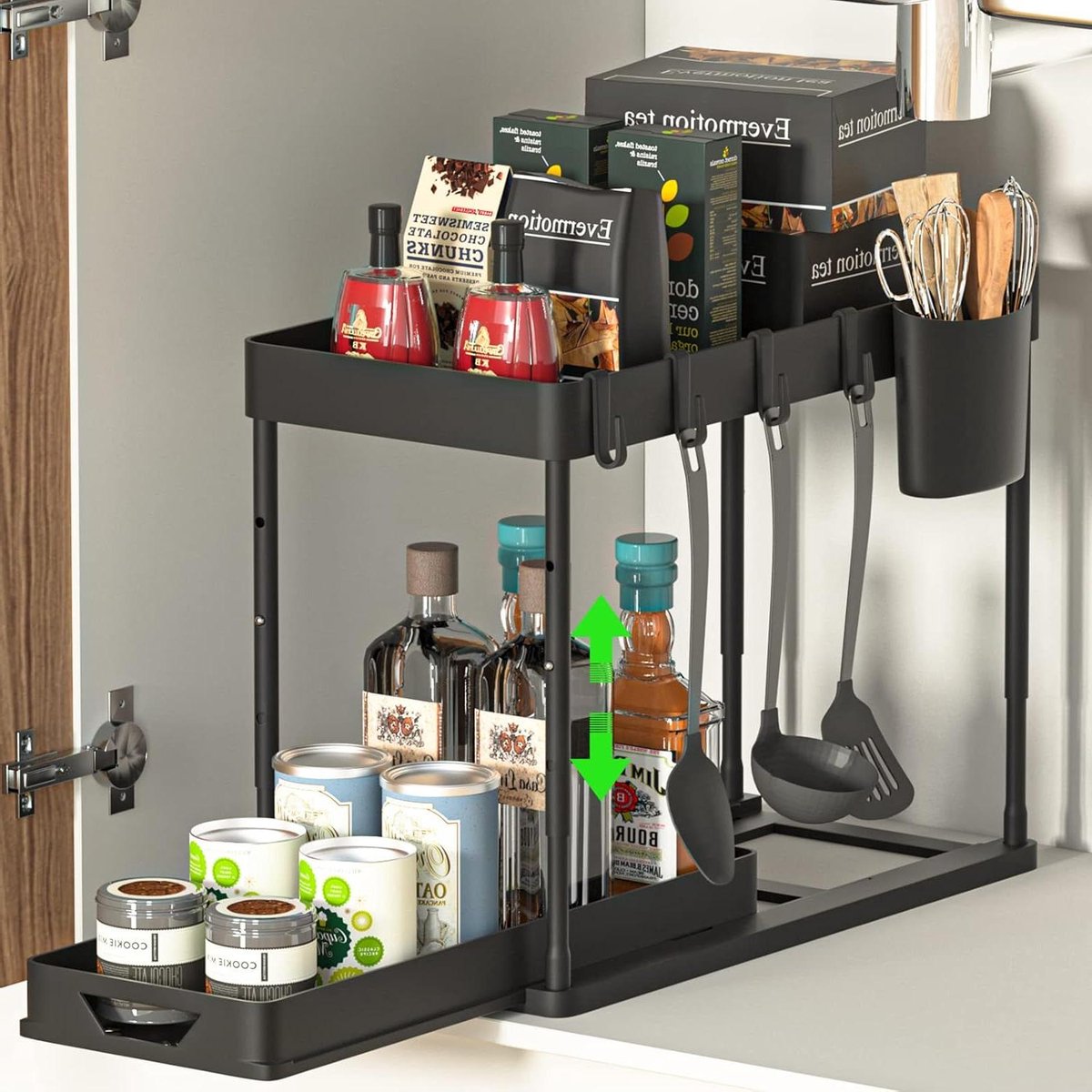 Wastafel organizer met 2 verdiepingen Lade-organizer voor de keuken met optilbaar kast ontwerp Inclusief 4 haken 8 antislip pads en 1 hangbeker organizer Opbergdoos in zwart Keukenkast organizer