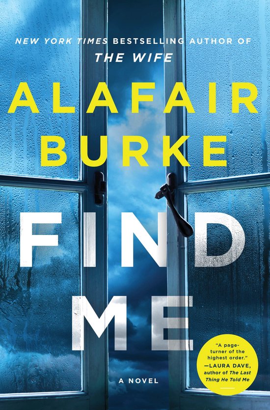 Boekcover van 'Find Me' door Alafair Burke. De tekst "Find Me" staat in grote witte letters op een achtergrond van een vochtige, blauwe hemel door een open raam.