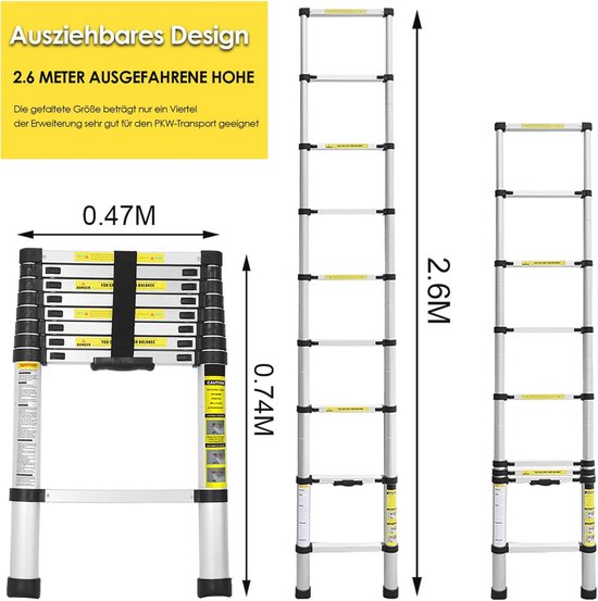 Telescopische ladder, 4,7 m, uittrekbare ladder, vouwladder, staande ladder, antislip, van hoogwaardig aluminium, multifunctionele ladder, huishoudladder