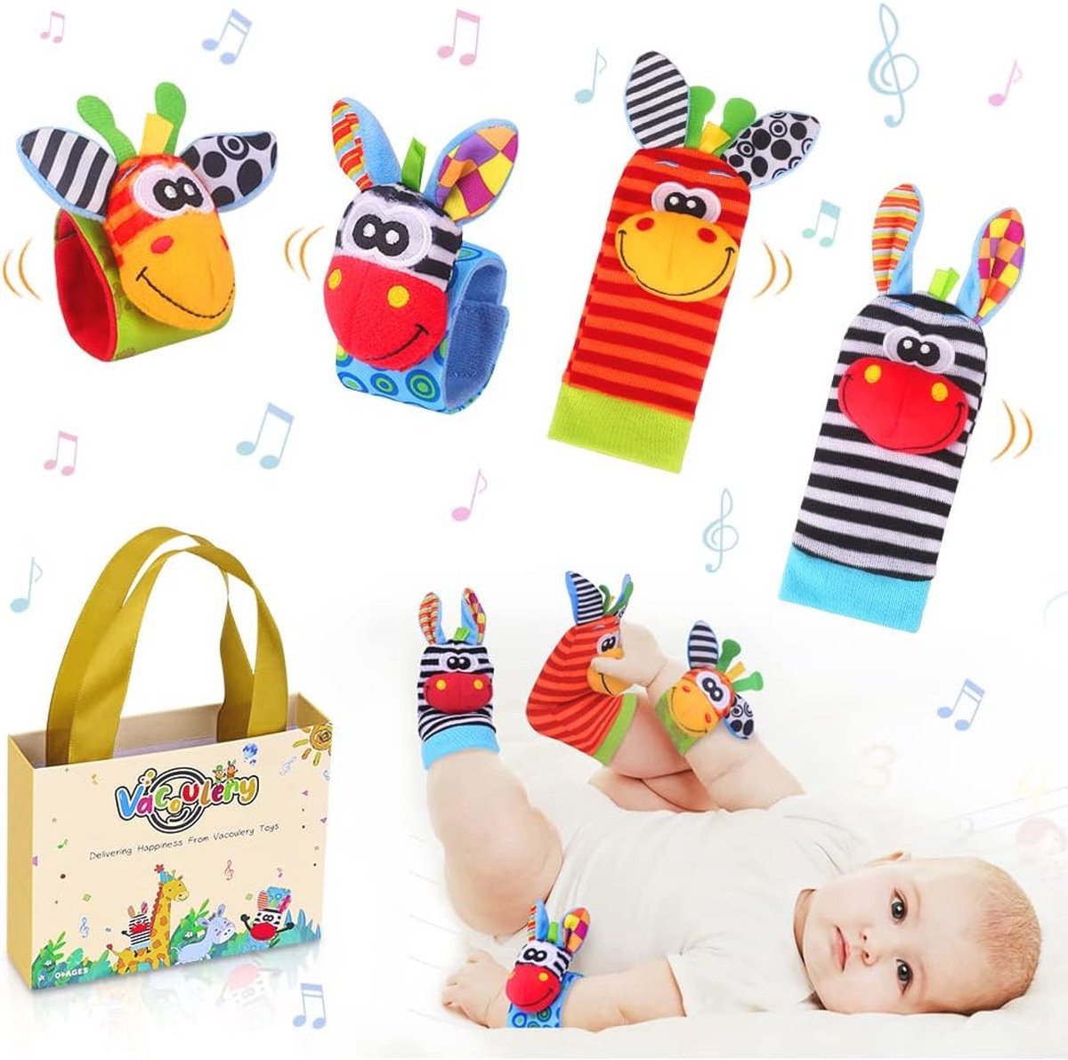 Zachte Dierlijke Rammelaars en Voetzoeker Set voor Baby's - 4 Delen Speelgoed voor Babyontwikkeling vanaf 0 Maanden