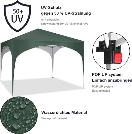 Opvouwbare Partytent - Tuinpaviljoen - Roestvrij Staal - Pop-Up Paviljoen - Partytent - Waterdicht - met Halfrond dak voor Buitenmarkt - Opvouwbare Tuinluifel - 3*3m - Groen — afbeelding 5