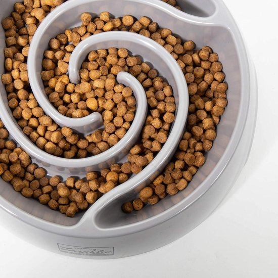 Hifrenchies Gezonde Slow Feeding Hondenbak voor Franse Bulldog - Slow Feeder Hondenbak Geen Verstikking Hond Kat Voedsel Waterbak met Gestreept Patroon voor Frenchie (Grijs