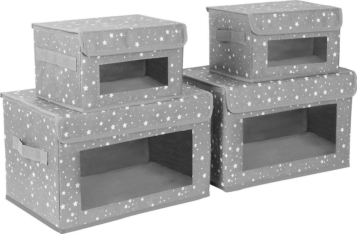 Stoffen Opbergdozen met Deksels - Opvouwbare Opbergdozen voor Speelgoed, Kleding en Boeken - Set van 4 met Handvatten en Venster