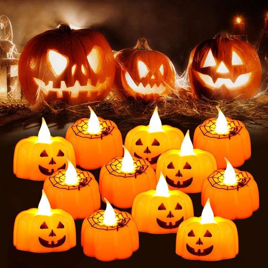 Halloween kaars verlichte lamp, Halloween vlamloze kaars houder licht batterij-aangedreven LED kaars Halloween raam tafel Home middelpunt decor (oranje