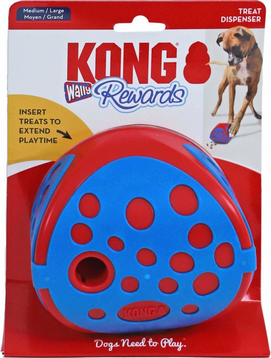 Blauw en rood Kong Rewards Wally speeltje met rode gaten, op de verpakking staat 'Medium / Large'.