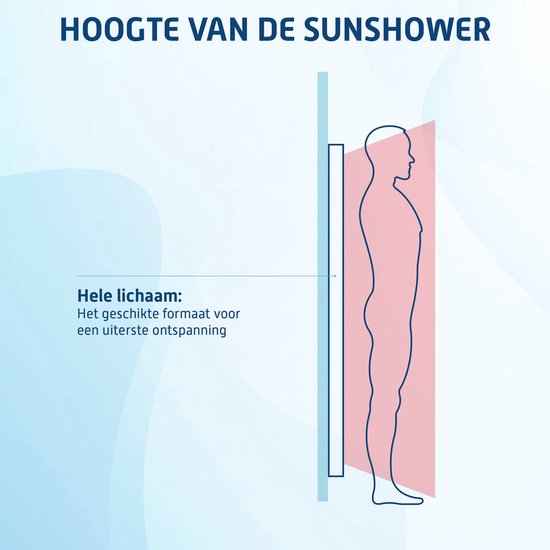 Illustratie van de hoogte van de Sunshower, die het hele lichaam bedekt voor ultieme ontspanning. Een silhouet van een mens staat naast de Sunshower.