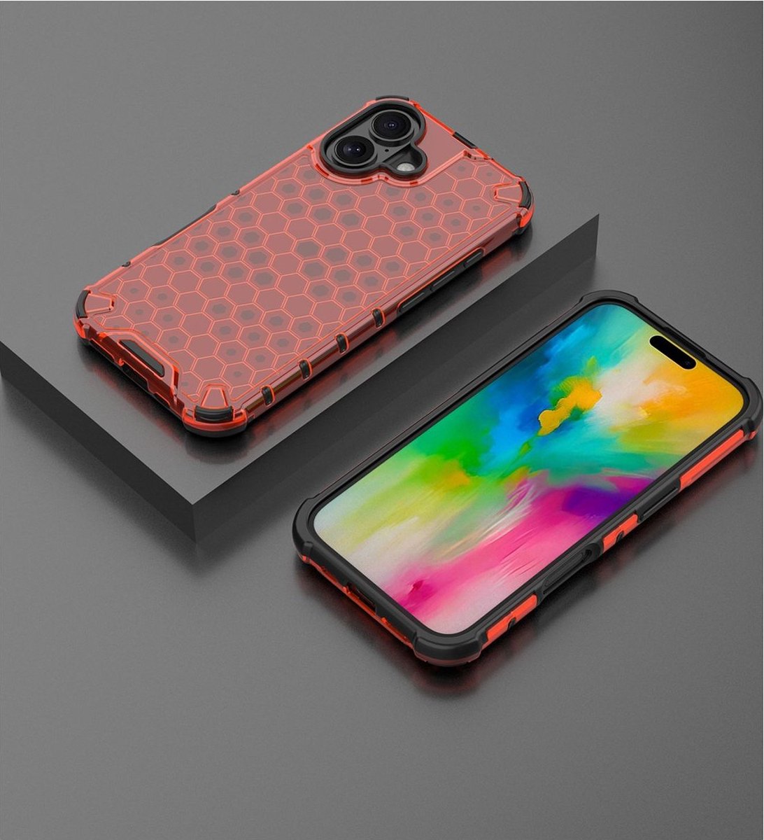 Mobigear Hoesje geschikt voor Apple iPhone 16 Plus Telefoonhoesje Hardcase | Mobigear Honeycomb Backcover Shockproof | Schokbestendig iPhone 16 Plus Telefoonhoesje | Anti Shock Proof - Rood