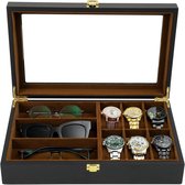 Boîte à montres 6 emplacements – Organisateur de montres en bois pour lunettes de soleil – Étui de rangement Bijoux en Glas véritable – Homme papa ami