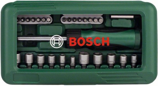 Open groene koffer met schroevendraaier en doppen. Bosch logo zichtbaar.