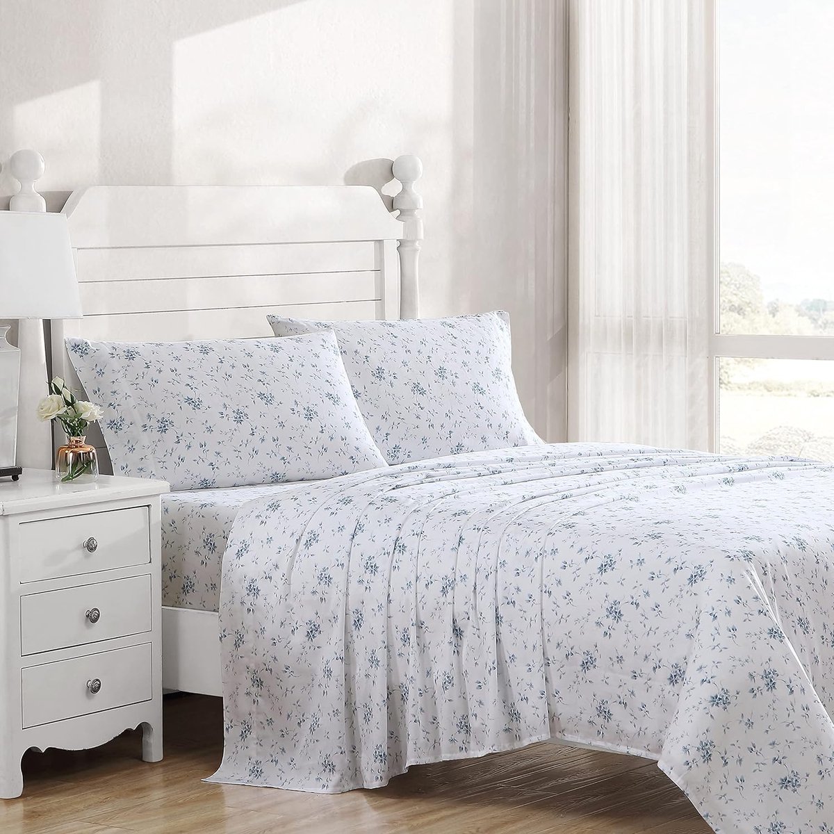 Goodivery ® Bloemrijke Katoen Satijn Dekbedovertrekset in Zacht Blauw voor Luxe Slaapcomfort