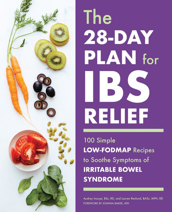 Boek "The 28-DAY PLAN for IBS RELIEF" met groenten en fruit.