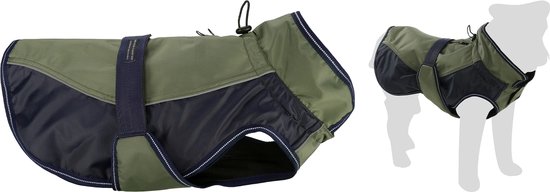 Groene en donkerblauwe hondenjas met twee silhouetten van honden.