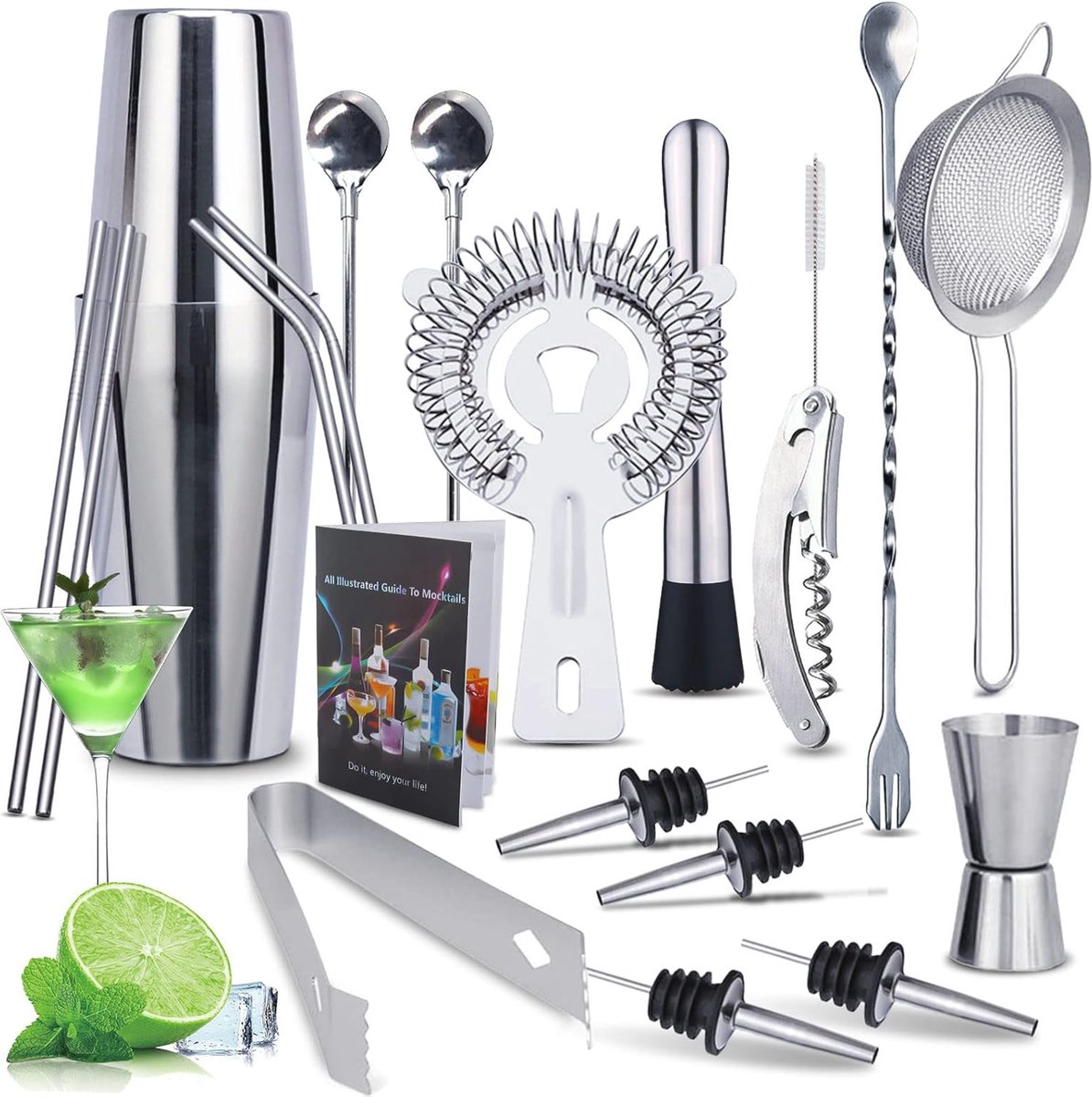 Cocktailset 20-delig van roestvrij staal - Compleet met receptenboek en accessoires