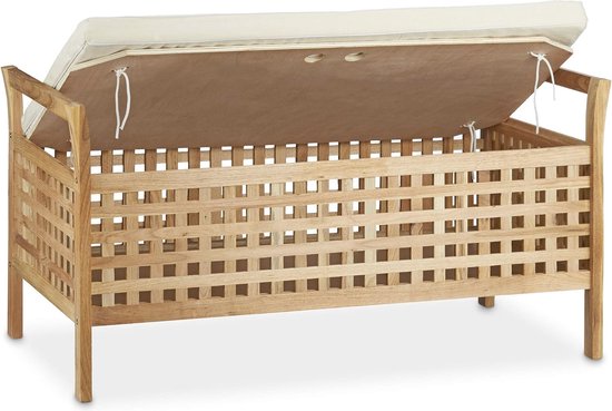 Zitbank met Opbergruimte - Houten Kistbank met Linnen Bekleding - 2-zits Meubel voor Keuken, Gang of Slaapkamer - Natuurlijk Wit