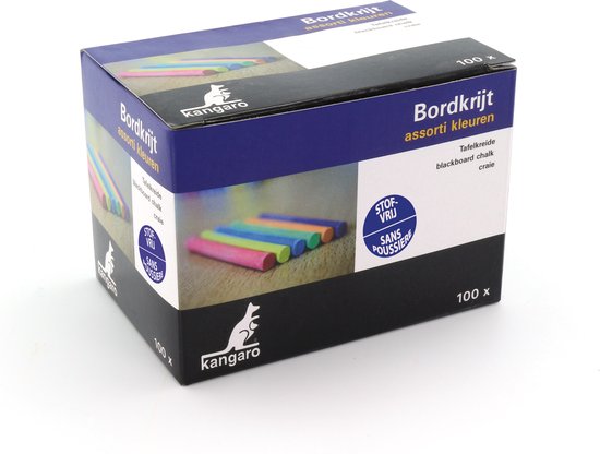 Een doos met 100 krijtjes met het label 'Bordkrijt assorti kleuren'. De doos toont een afbeelding van zes gekleurde krijtjes.