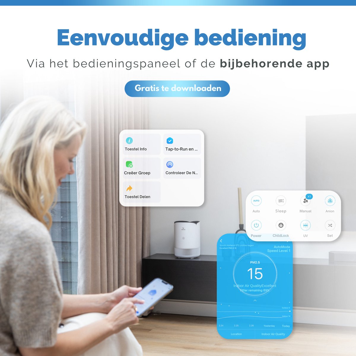 Vibrix PureFlow30 Luchtreiniger / Air Purifier – HEPA H13 + koolstoffilter – 180 m³/u – Voor kamers tot 30 m² – Ionisator – App-bediening – Zeer stil met slaapstand – Luchtkwaliteitindicator — afbeelding 7