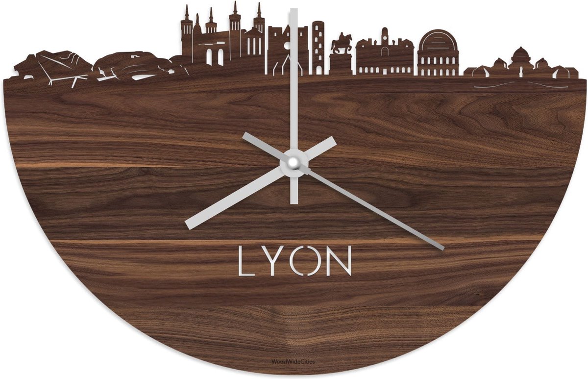 Skyline Klok Lyon Notenhout - Ø 40 cm - Stil uurwerk - Wanddecoratie - Meer steden beschikbaar - Woonkamer idee - Woondecoratie - City Art - Steden kunst - Cadeau voor hem - Cadeau voor haar - Jubileum - Trouwerij - Housewarming - WoodWideCities