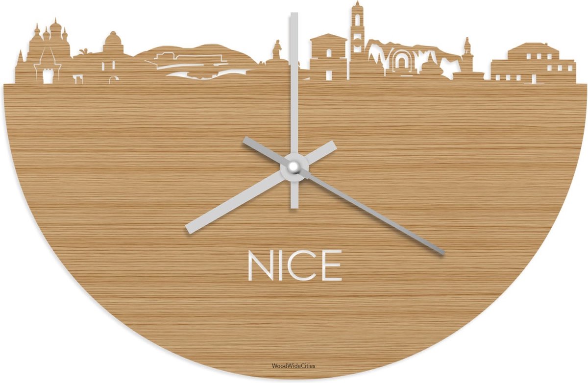 Skyline Klok Nice Bamboe hout - Ø 40 cm - Stil uurwerk - Wanddecoratie - Meer steden beschikbaar - Woonkamer idee - Woondecoratie - City Art - Steden kunst - Cadeau voor hem - Cadeau voor haar - Jubileum - Trouwerij - Housewarming - WoodWideCities