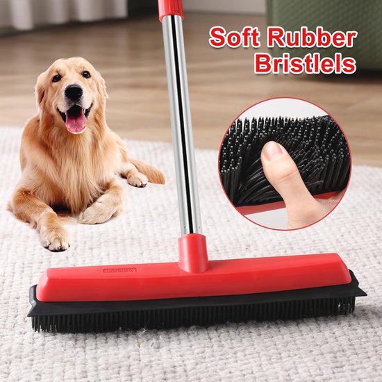 Rubberen Bezem met Lange Steel (154cm) - Vloerborstel met Rubberen Borstelharen en Waterwisser (34cm) voor het Verwijderen van Katten- en Hondenhaar uit Tapijt - Geschikt voor Binnen en Buiten van MaxxHome — afbeelding 2