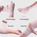 Collage van toepassingen: handbandage, voetbandage, arm gebonden, knie gebonden. Beige en witte elastische bandage.