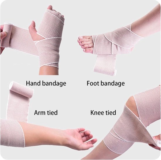Collage van toepassingen: handbandage, voetbandage, arm gebonden, knie gebonden. Beige en witte elastische bandage.