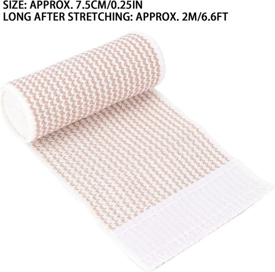 Opgerolde beige en witte elastische bandage. Tekst 'SIZE: APPROX. 7.5CM/0.25IN LONG AFTER STRETCHING: APPROX. 2M/6.6FT'.