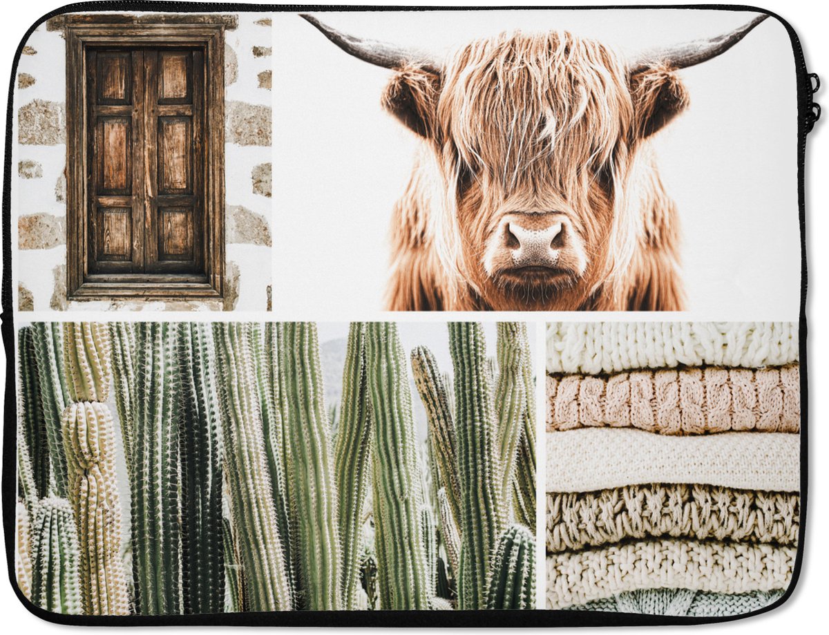 Laptophoes 15.6 inch - Schotse hooglander - Collage - Cactus - Trui - Laptop sleeve - Binnenmaat 37x26 cm - Zwarte achterkant