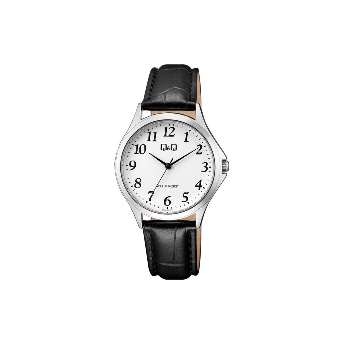 QQ Q93A-001PY - Horloge - Analoog - Unisex - Leren band - Rond - Metaal - Cijfers - Zwart - Zilverkleurig - Wit - 3 ATM