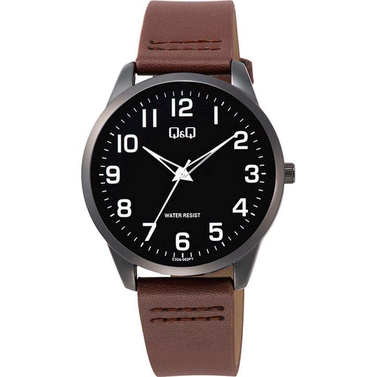QQ C32A-002PY - Horloge - Analoog - Heren - Mannen - Leren band - Rond - Metaal - Bruin - Zwart