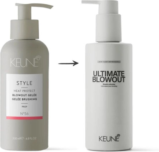 Twee Keune haarproducten naast elkaar: een grijze fles STYLE HEAT PROTECT BLOWOUT GELÉE en een witte pompflacon ULTIMATE BLOWOUT.
