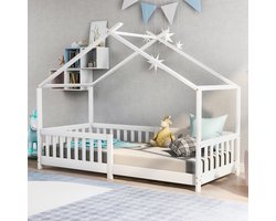 Gutent Kinderbed, Wit (Zonder matras), 90x200 cm, Huisstijl, Massief Hout, met hek en lattenbodem, met valbeveiliging, geschikt voor kinder- en tienerkamers