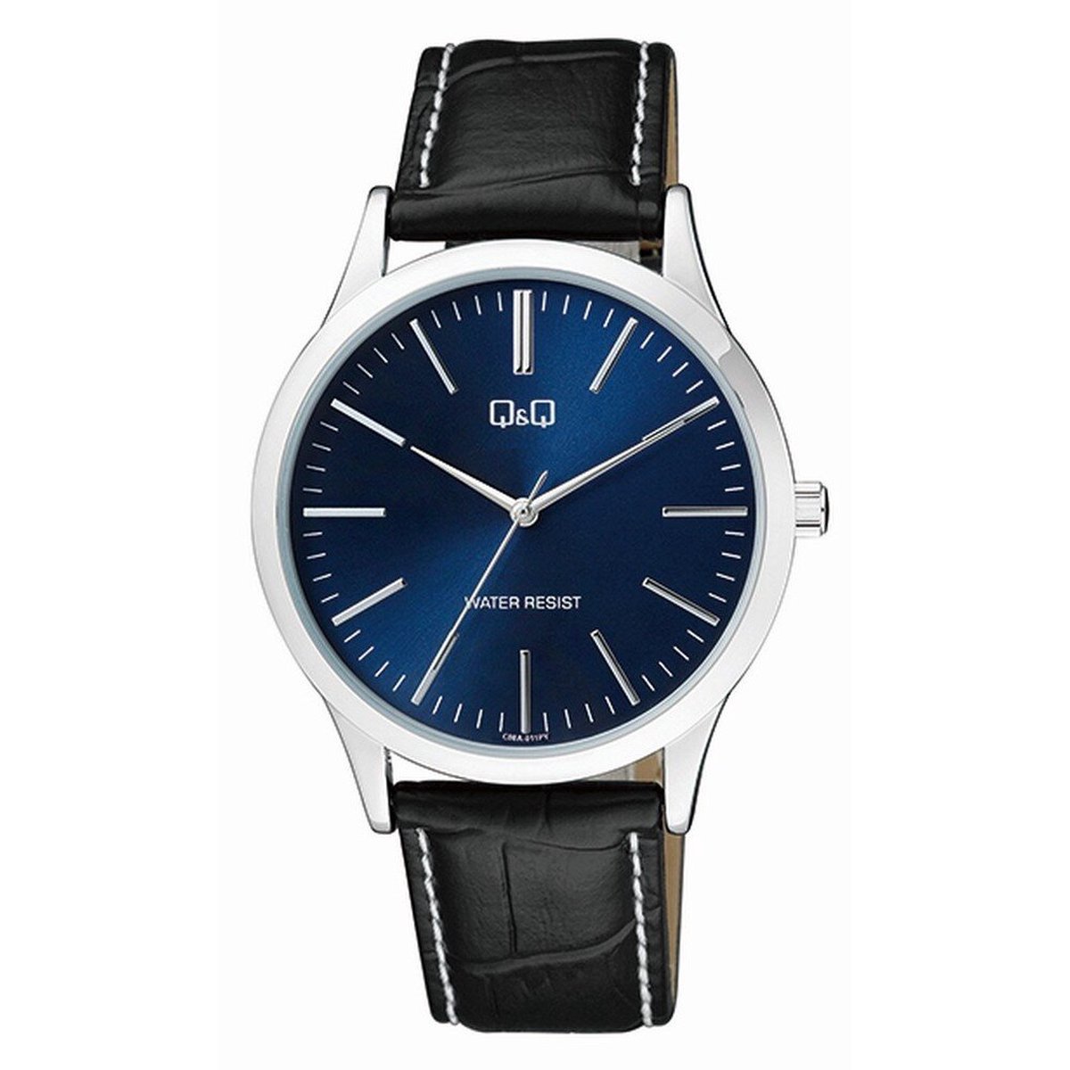 QQ C08A-011PY - Horloge - Heren - Mannen - Leren band - Rond - Staal - Streepjes - Zwart - Zilverkleurig - Blauw