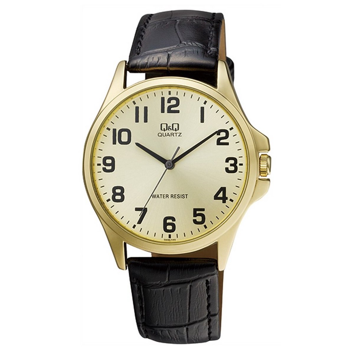 QQ QA06J103Y - Horloge - Analoog - Heren - Mannen - Leren band - Rond - Metaal - Cijfers - Zwart - Goudkleurig - 3 ATM
