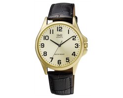 Q&Q QA06J103Y - Horloge - Analoog - Heren - Mannen - Leren band - Rond - Metaal - Cijfers - Zwart - Goudkleurig - 3 ATM
