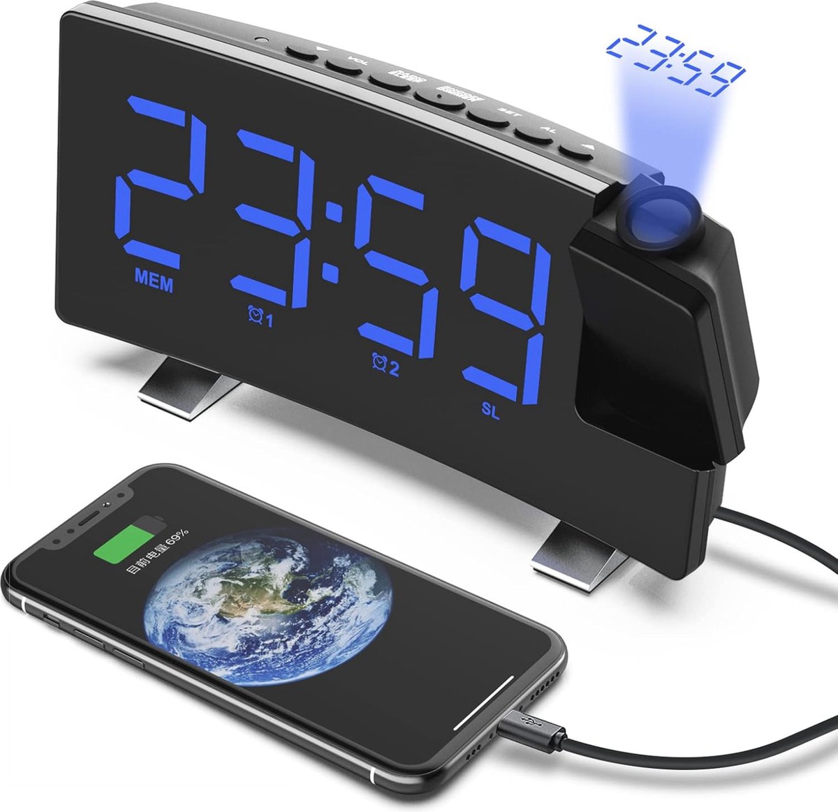 Projectie Wekker met FM-Radio en USB-Oplader - 8 Inch LED Scherm met Snooze en Geheugenfunctie