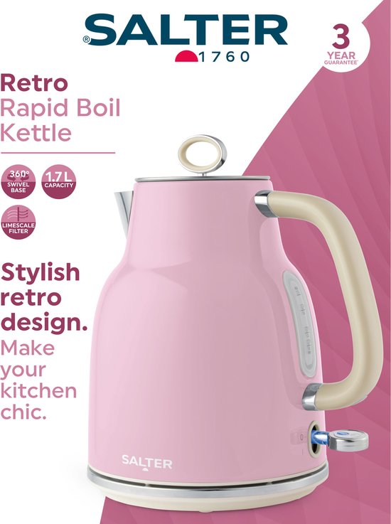 ASCOT Waterkoker, roestvrij stalen waterkoker, elektrische waterketel, 2200 W, 1,6 liter, retro design theekoker, BPA-vrij, droogkookbeveiliging, automatische uitschakeling (crème