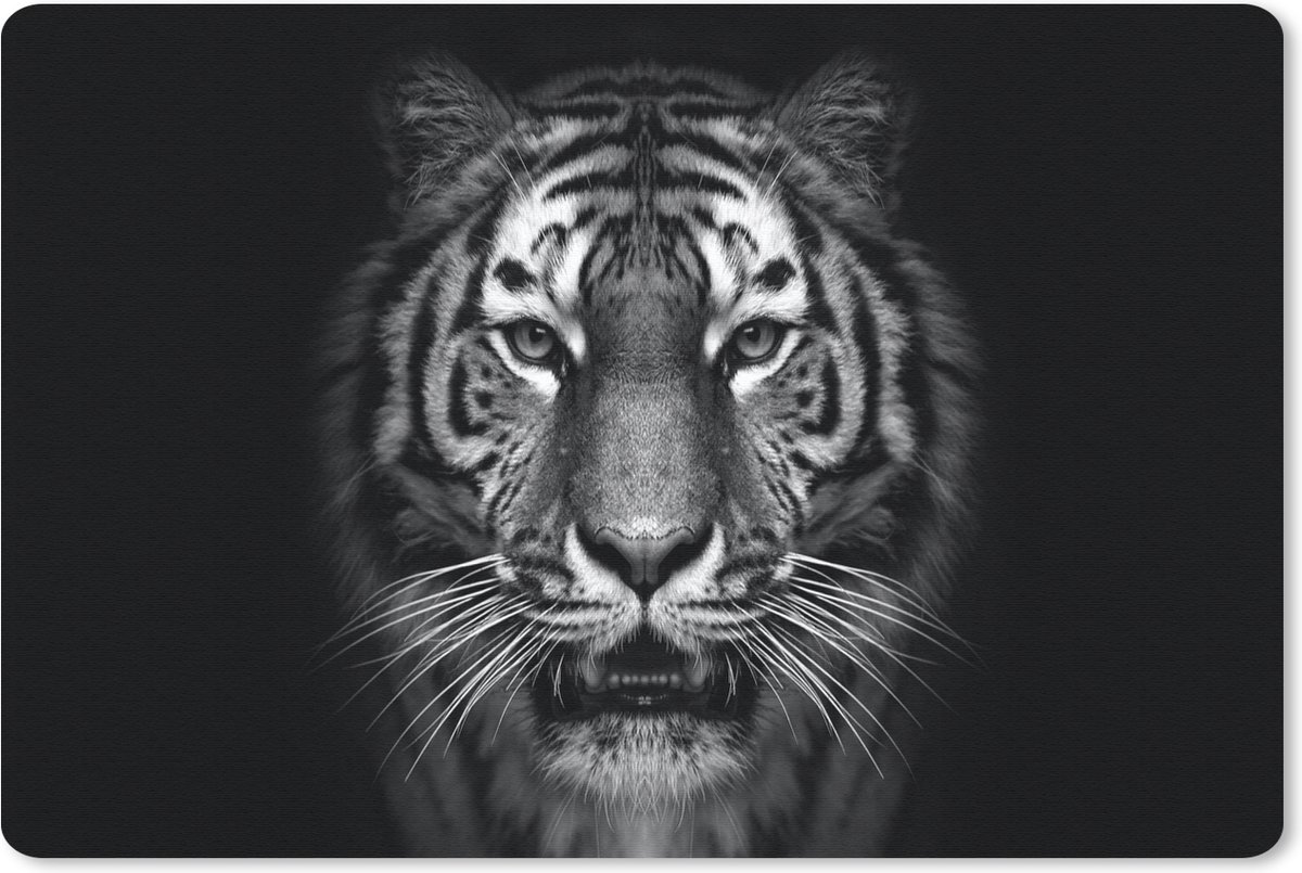 Muismat 27x18 cm - Mousepad Tijger - Dieren - Zwart - Wit - Portret - Wild - Muismatten