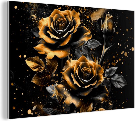 Tableau aluminium 120x80 cm - Décoration murale métal - Roses - Goud - Zwart - Fleurs - Moderne - Décoration murale métal salon - Décoration industrielle - Photo sur dibond - Accessoires industriels chambre