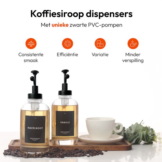 Koffiesiroop Dispenser Set 4 Stuks MoliMoli Koffie Siroop Dispenser Set Van 4 - Glazen Flessen Met Pomp En Labels, Zilver Voor Thuis Of Commerciële
