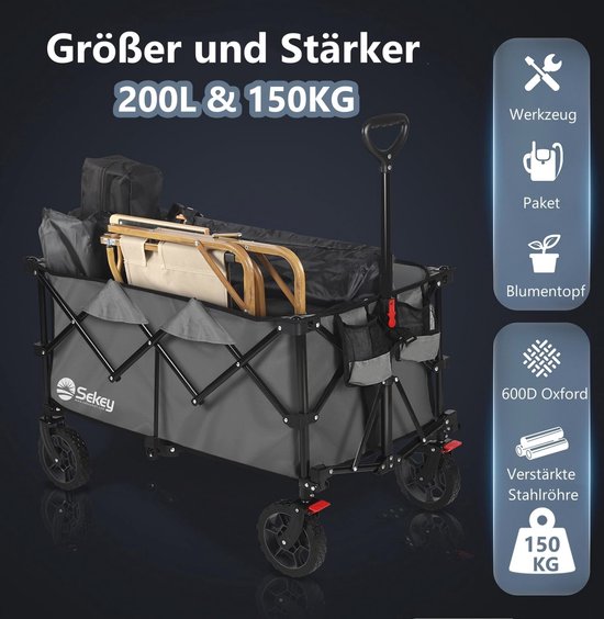 Opvouwbare Bolderwagen XXL met 200L Laadcapaciteit en 150KG Draagvermogen - Geschikt voor Ruw Terrein met Remmen van LifeGoods — afbeelding 4