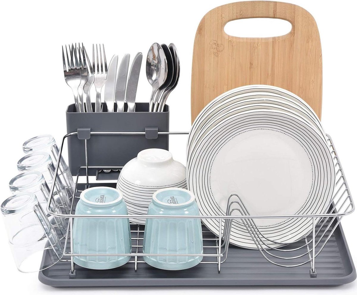 Goedkoopste Afdruiprek met lekbak en serviesrek - Grote inhoud - Externe bestekhouder - Bekerhouder - Grijs afdruiprek met lekbak inklapbaar