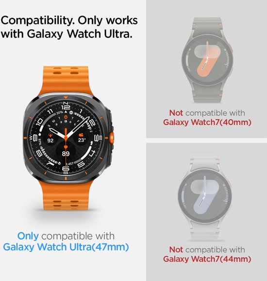 Smartwatch met oranje bandje, toont compatibiliteit met Galaxy Watch Ultra.