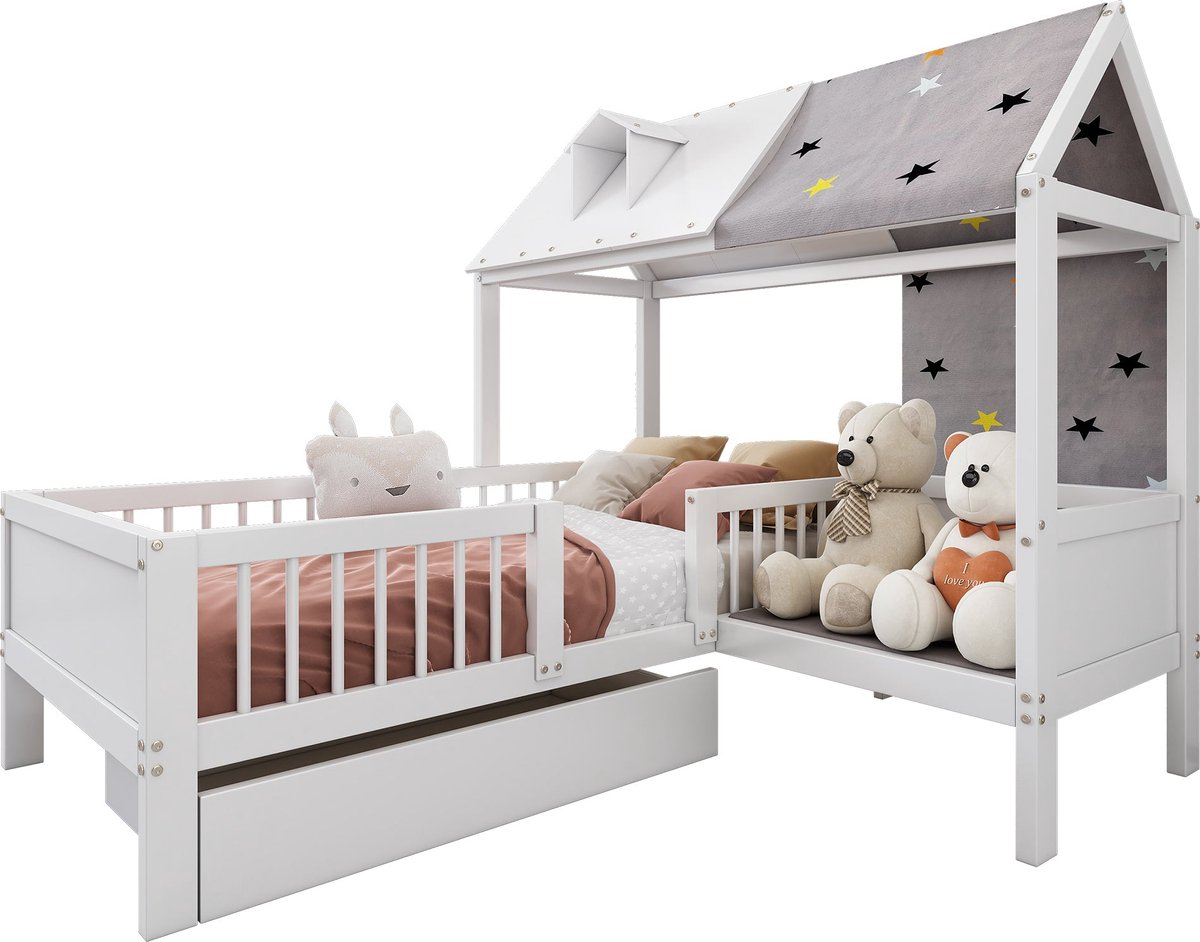 Merax Houten Kinderbed in Huisvorm 90x200 cm - Huisbed met Opberglade- Multifunctioneel Eenpersoonsbed met Tentstof en Kussen - Wit